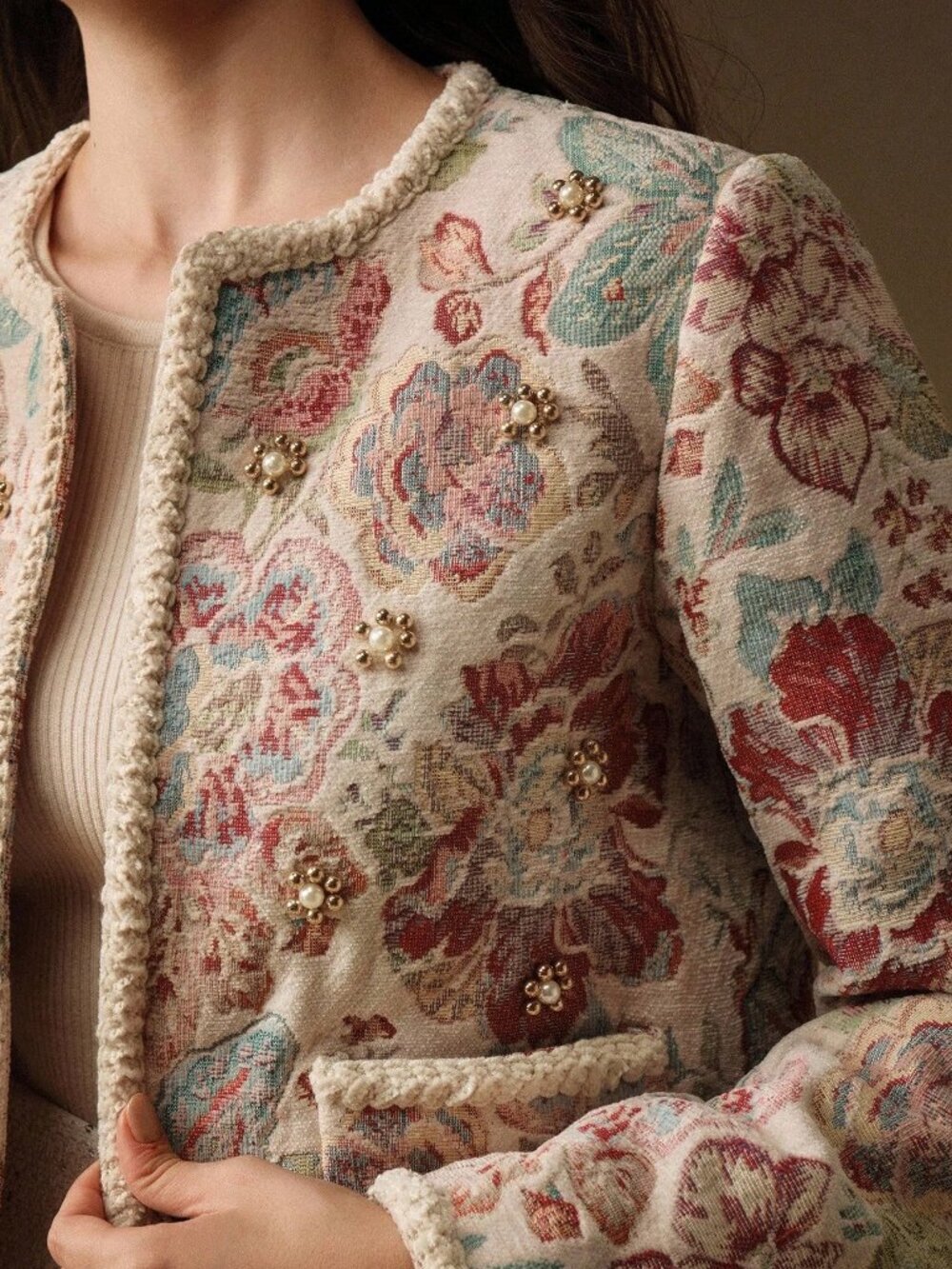 Multicolor Elegant Women's Romantic Open Front Texured Beaded Blazer Jacket